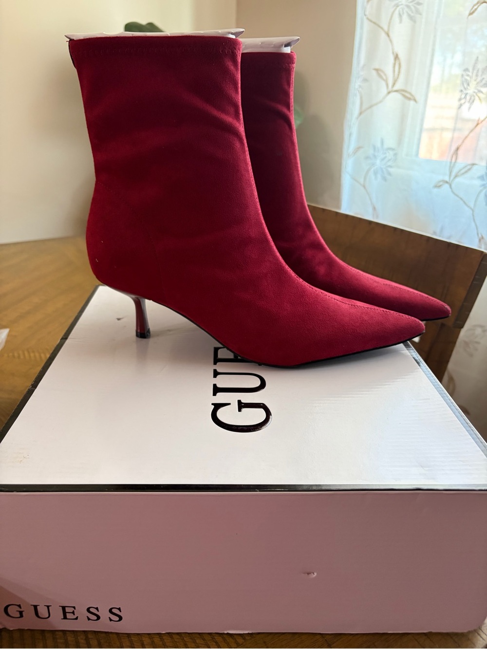 GUESS Burgundy Pointed Toe Kitten Heel Ankle Boots